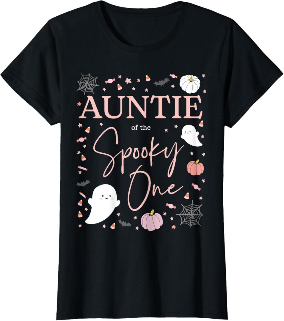 Auntie of the Spooky One Girl First Birthday Pink Halloween T-Shirt (Small, Black)