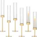 6 PCS Golden Hurricane Candle Holders - Tall Taper Fluted Candle Holder Set, Removable Glass Windproof Brass Candlestick Holders, Anti-Slip Metal Base, Elegant Table Decor for Wedding, Party