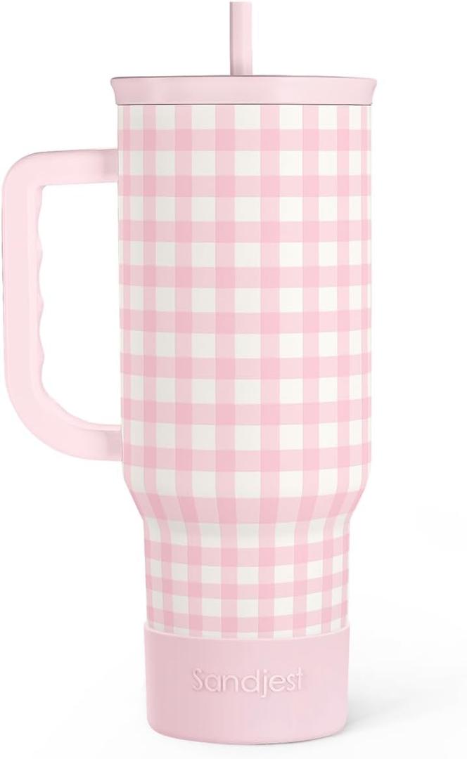 SANDJEST Pink Gingham 40oz Slider Tumbler with Handle and Straw - Insulated Stainless Steel Travel Coffee Mug for Women Girls, Gift for Birthday, Christmas