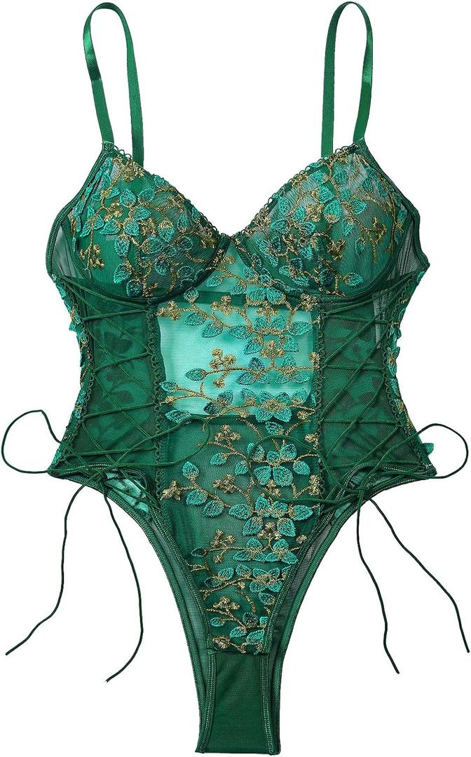 Lilosy Women Sexy Lace Up Floral Embroidered Teddy Lingerie Bodysuit Top Mesh Sheer One Piece (Green, XL)