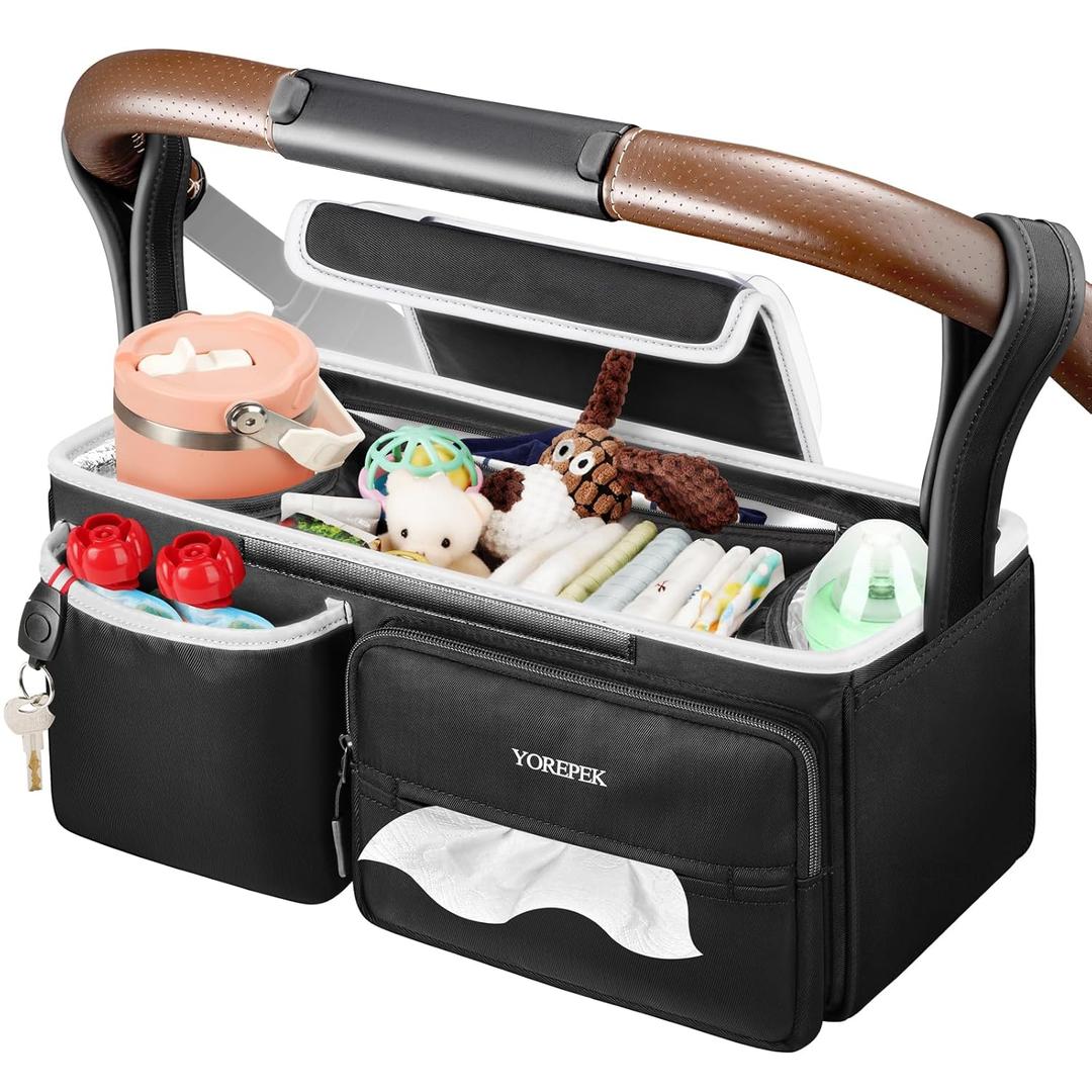 YOREPEK Spacious Stroller Caddy Fits for UPPAbaby Vista/Minu/Cruz, Adjustable Stroller Organizer with 2 Insulated Cup Holders, Easy-clean Stroller Bag for Travel, Walks, Accessories, Baby Essentials (Black)
