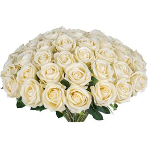 30 PCS Fake Champagne Roses, Artificial Flowers Bulk Realistic Silk Faux Rose with Stems for Wedding Decorations, Bridal Bouquets, Mother's Day Thanksgiving DIY Floral and Home Decor