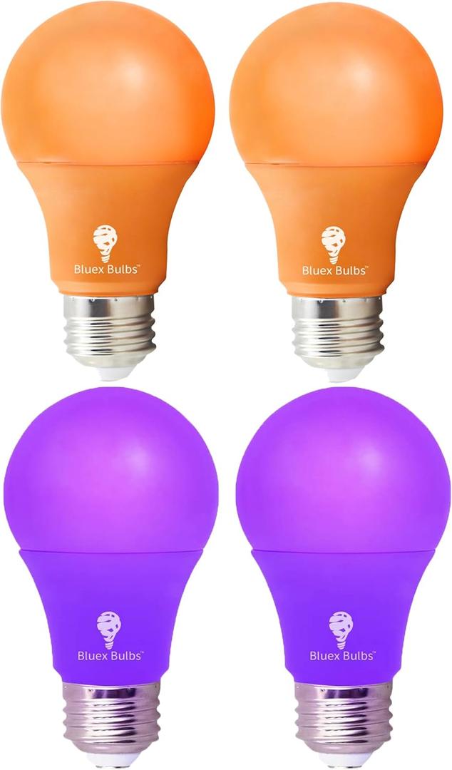 4 Pack A19 LED Purple Light Bulb LED Orange Light Bulb 120V E26 Base 9 Watt (60-watt Replacement) Purple Bulb Orange Bulb, Party Decoration, Porch, Home Lighting, Halloween Light Bulbs