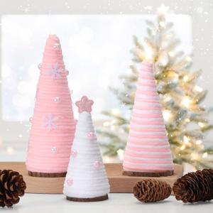 Pink and White Christmas Table Decorations Cute Mini Yarn Christmas Trees Centerpieces Farmhouse Decor Ornaments for Indoor Fireplace Bedroom Kitchen Home Tiered Tray Decor Gift for Women 3 PCS Wooden
