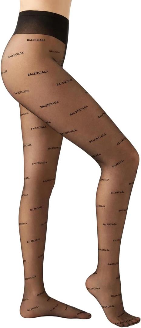 Designer Sheer Pantyhose for Women, Letter Print High Waist Tights with Shaping Control Top, Back Seam Transparent Stockings with Cuban Heel, Sexy Vintage Slimming Nylon Tights