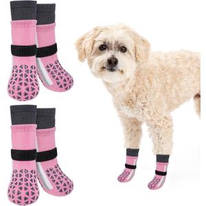 SCENEREAL Anti Slip Dog Socks for Hot Pavement to Prevent Licking Paws, Long Sporty Style Reflective Dog Grip Socks for Hardwood Floors, Dog Shoes Booties&Paw Protector for Small Senior Dog, Pink Small, Pack of 4