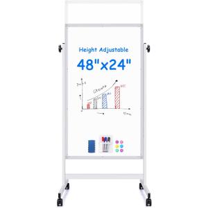 maxtek Rolling White Board, 48 x 24 Height Adjustable Whiteboard on Wheels, Large Magnetic Standing Mobile Easel Board, Double-Sided with Stand for Office, Home, and Classroom