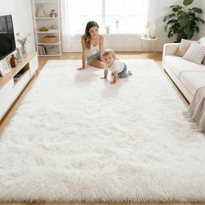 OLANLY Area Rugs for Living Room Bedroom, Machine Washable 4x5.9 ft Soft Fluffy Shaggy Bedside Rug, Indoor Floor Carpet for Kids Girls and Boys, Dorms, Nursery Rooms, Home Decor Aesthetic, Ivory