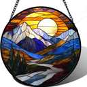 Stained Glass Window Hanging, Yellow Blue Sunset Mountains Scenery Sun Catcher for Window Home Decor Landscape Suncatcher Mother's Day Birthday Gifts for Women Men Mom and Nana 9.8 in