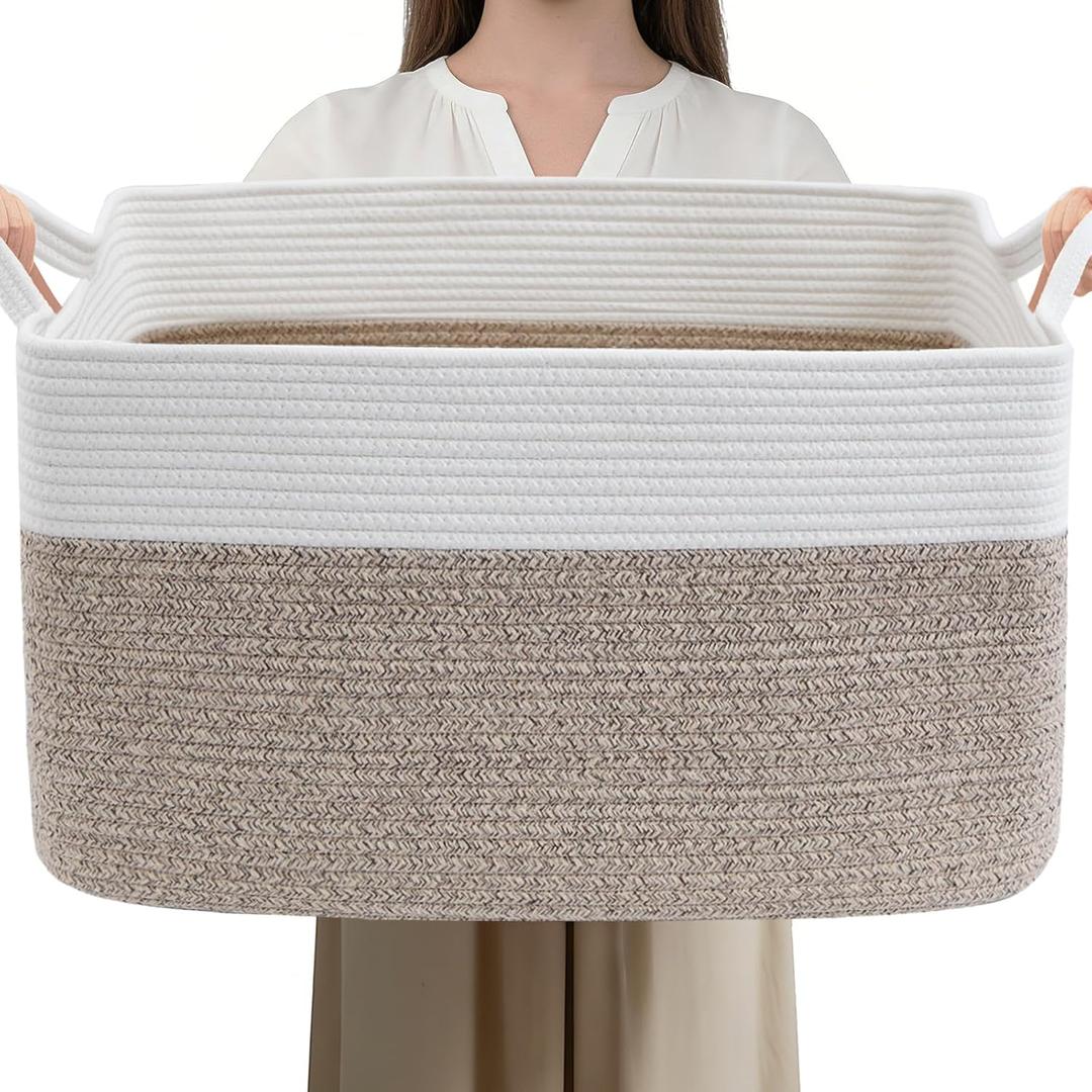 65L Large Blanket Basket,21"x16"x12" Rectangle Storage Bin with Handles,Woven Rope Laundry Basket for Toys, Clothes,Pillows,Magazines,Home Organization,Nursery,Living Room&Bedroom,White&Brown