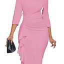 Fitted Work Dresses for Women 3/4 Sleeve Bodycon Ruffle Vintage Pencil Midi Dress, Large, Pink