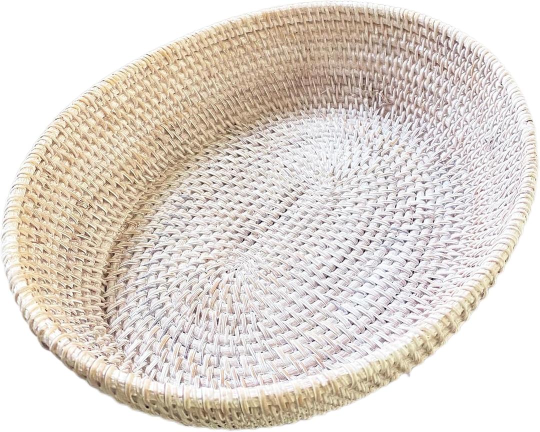 amololo16" Oval White Rattan Fruit Serving Basket with 4inch High Wall,Home Dcor Wicker Basket Tray Large Rattan Dining Table Centerpiece Bowl for Various Things,Bread,Snack,Odds and Ends (Wash White (15.7"x13.4x4")