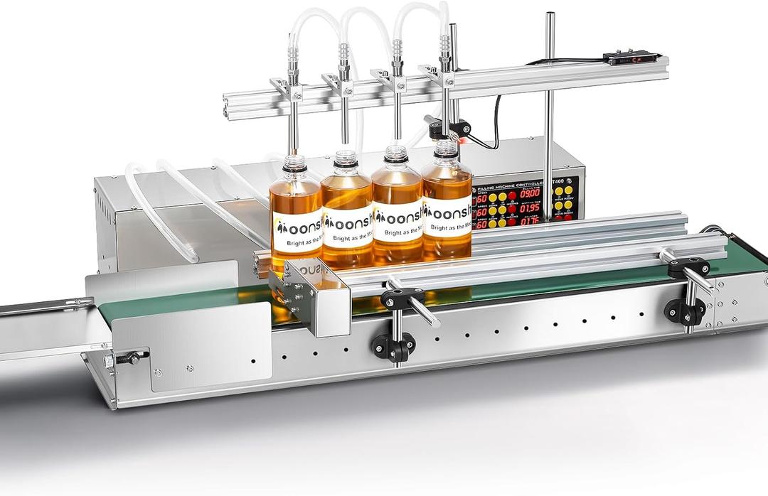 4-Nozzle Automatic Liquid Filling Machine Line 1-30 Ounce Bottle Filling Machine Bottle Filler with 35 Inch Belt Conveyor Desktop Version for Juice Wine Detergent