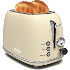 Toaster 2 slice, KitchMix Retro Stainless Steel Toaster with 6 Settings, 1.5 In Extra Wide Slots, Bagel/Defrost/Cancel Function, Removable Crumb Tray (Cream)