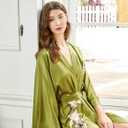 BABEYOND Kimono Robe Cover up with Box Long Floral Satin Sleepwear Silky Bathrobe Bachelorette Robe (One Size, Olive)