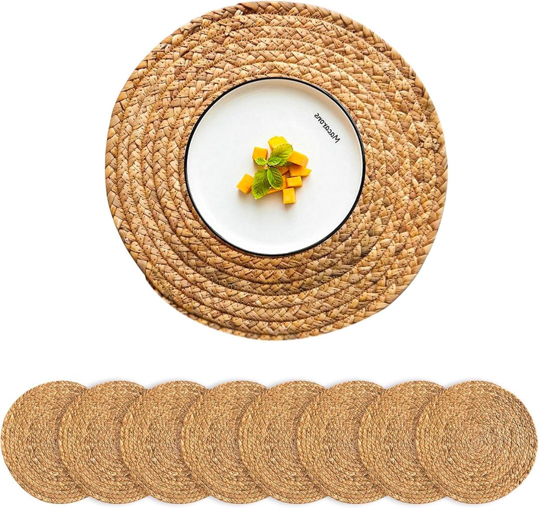 Gandeer 8 Pack 13'' Autumn Rattan Placemats Brown Round Natural Rattan Placemats Heat Resistant Boho Farmhouse Hand Woven Plates Chargers for Dinner Plates Home Wedding Table Mats Decorations