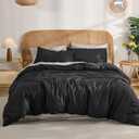 100% Cotton Comforter Set Queen Size Black, Linen-Like Texture, Super Soft & Breathable Lightweight Bedding Set, 3-Piece Durable Percale Comforter for All Seasons