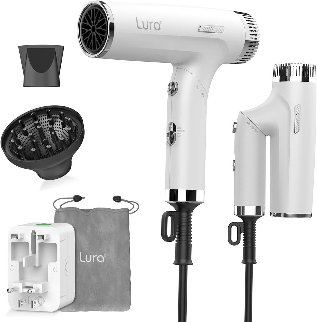 LURA Auto Dual Voltage Hair Dryer for International Travel,Travel HairDryers with Difffuser,Small Portable Blow Dryer for Women(White) Lightweight,Compact Mini Blowdryers with Folding Hand for Kids
