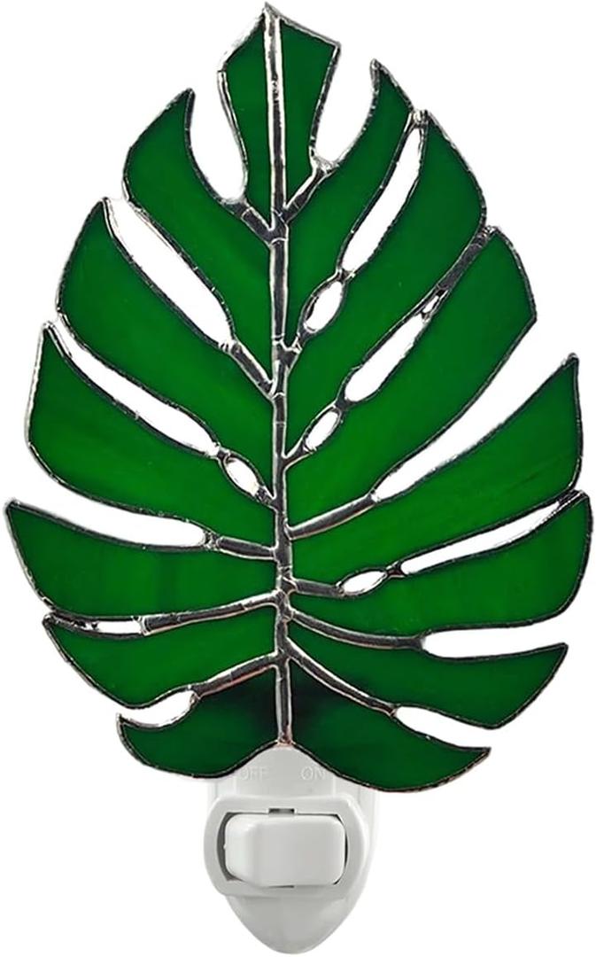 CHEZBABY Plant Stained Glass Night Light Plug into Wall Lamp Decorative Accent Nightlight for Hallway Bedroom Bathroom Kitchen Home Dcor(Monstera)