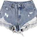 SOLY HUX Women's Ripped Raw Hem Jean Shorts High Waisted Straight Leg Denim Shorts Streetwear (Blue, L)