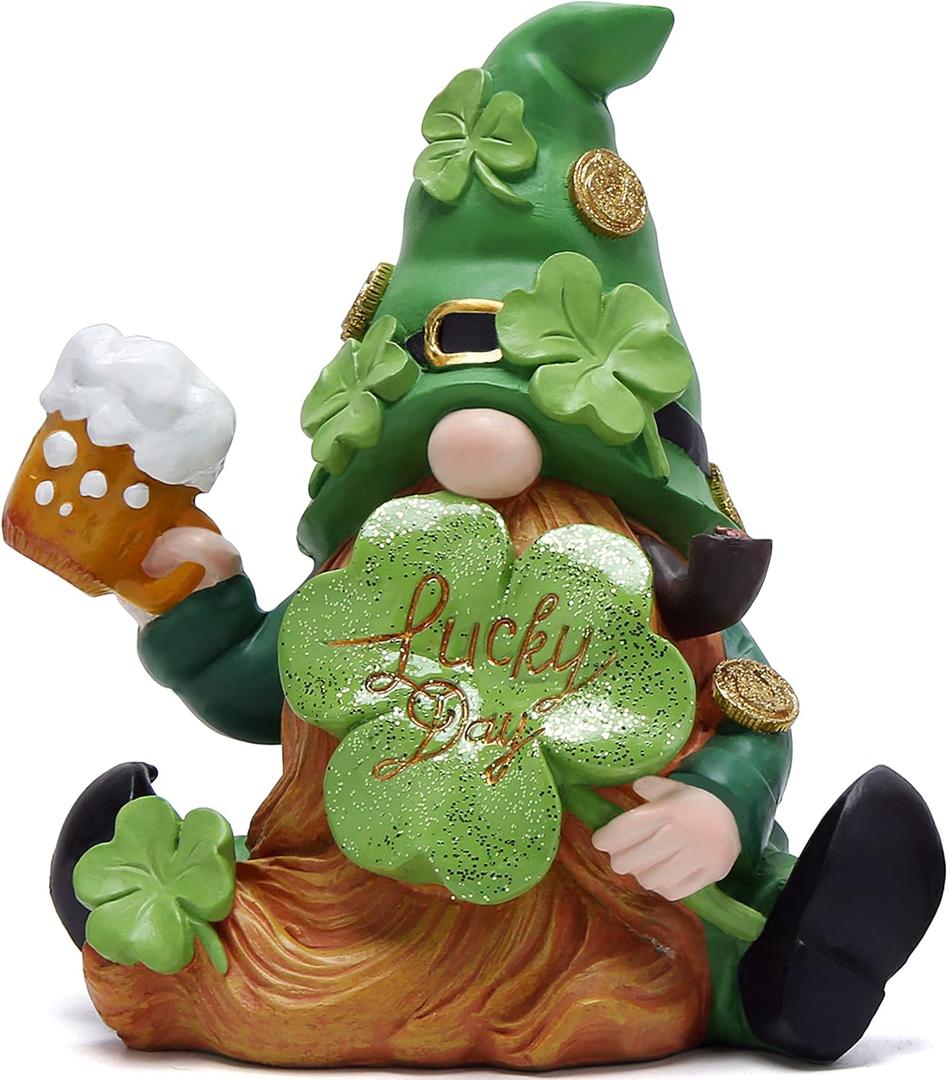 Hodao Green St Patricks Day Handmade Gnome 6" H Resin Standing Figurine for Spring-Irish Gnome Elf Scandinavian Yule Nordic Figurine Home Holiday Decorations Indoor Home Decor Green Gnome (Green)