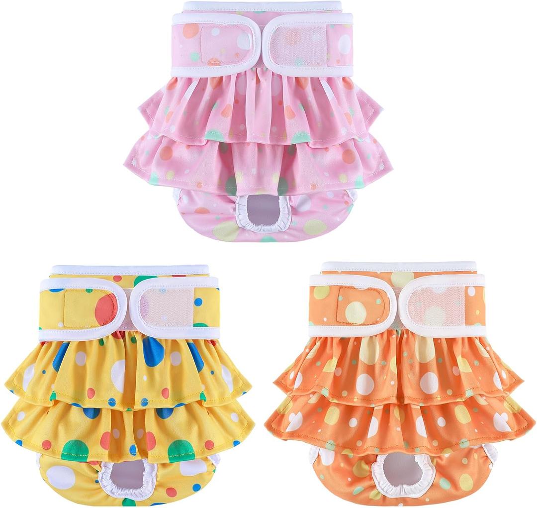 Washable Dog Diapers Female 3 Pack Reusable Highly Absorbent Puppy Diapers, Premium Doggie Diapers, Durable Leak-Proof Dot Doggy Diapers for Period Heat Incontinence Potty Training, L