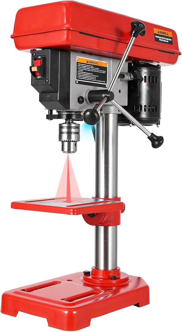 GarveeTech 8" Benchtop Drill Press, Laser Ray (Class II Max. 1mW), Tabletop Drilling Machine with 5 Adjustable Speeds (620 to 3100 RPM), 0-45Tilting Worktable with LED Light (1W), for Wood or Metal