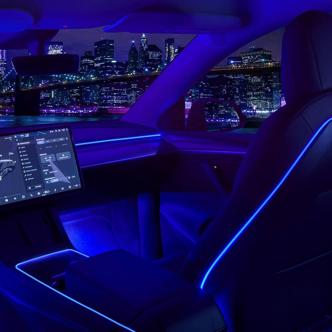 Nestour 2021 2022 2023 Tesla Model 3 Y Interior Car Neon Lights (Center Console+Dashboard+Seat+4 Foot Lights) with Matching Armrest Organizer, Ambient APP-Controlled RGB LED Strip Lights