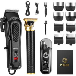 pebsoa Professional Men's Hair Trimmer Set, Cordless Hair Clippers for Men, Includes a T-Shaped Trimmer and a Nose Hair Trimmer,LCD Battery Level DisplayBlack