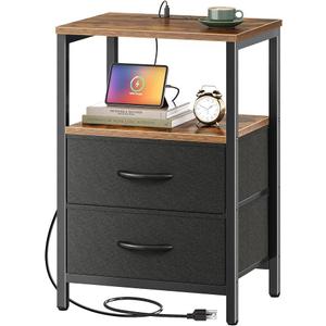 Huuger Nightstand with Charging Station, Side Table with Fabric Drawers
End Table with Open Shelf, Bedside Table with USB Ports and Outlets, Night Stand for Bedroom, Rustic Brown and Black