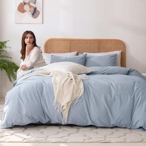 Ventidora 3 Piece Duvet Cover Set King Size,100% Organic Washed Cotton with Linen Feel Like Textured, Luxury Soft and Breatheable Bedding Set with Zipper Closure(1 Duvet Cover + 2 Pillowcases) (King-106x90Inches, Light Blue)