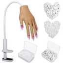 Practice Hand for Acrylic Nails, Nail Tips Never Fall Off Nail Practice Hands, Fingers Never Break Fake Hand for Nail Practice, Fexible Nail Hand Practice Mannequin Hand with 200 Pcs Nail Tips
