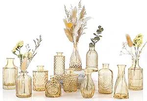 UPBUD Amber Glass Bud Vases Set of 12, Gold Mini Flower Vase for Centerpieces, Small Vases in Bulk for Wedding Decorations, Vintage Vase for Table, Recepetion, Home DÃ©cor