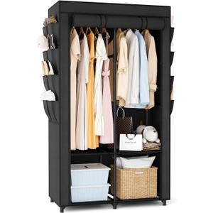 Portable Closet for Hanging Clothes, Portable Wardrobe Closet with Cover, 4 Storage Shelves, 2 Hanging Rods and 8 Side Pockets, Easy Assembly and Sturdy Free Standing Closet for Bedroom, Black (2 Row - 34.5'' Wide)