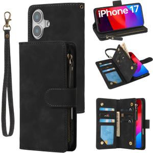 RANYOK Wallet Case Compatible with iPhone 17 Case, with 6 Card Holder RFID Blocking, PU Leather Zipper Flip Wallet Pocket, Kickstand, Wrist Strap | Protective Phone Cover for 17, Black