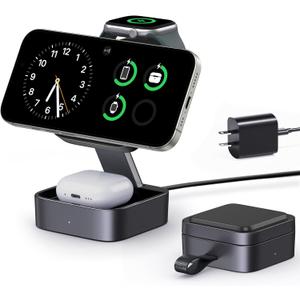 3 in 1 Wireless Charging Station for Apple Devices, Magnetic Foldable Travel Fast Charger Stand Compatible with MagSafe for iPhone Air/17/16/15/14/13/12 Series, Apple Watch & AirPods Pro/4/3/2-Black