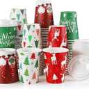 Zhehao 100 Pack 9 oz Christmas Paper Coffee Cups with Lids Disposable Paper Hot Cocoa Cups Christmas Drinkware Party Supplies for Coffee Tea Beverage(Santa Claus)