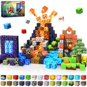 150 pcs 0.8inch Magnetic Blocks with 24 Light Blocks - Christmas Toys for Kids, Boys and Girls, Magnetic Building Blocks Cubes, Stacking Magnets, Birthday Gifts for Boys and Girls Age 3+ Years Old, Dinosaur 