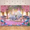 Princess Castle Backdrop for Girls Fairy Tale Birthday Decorations Pink Sakura Flower Wonderland Forest Castle Photography Background Women Bday Wedding Party Banner Photo Booth Supplies 8x6ft