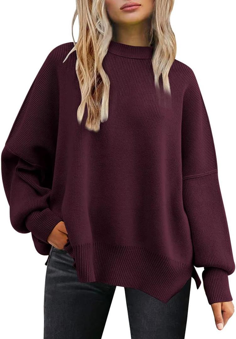 LILLUSORY Women's Oversized Batwing Sweaters 2025 Fall Outfits Trendy Crewneck Knit Side Slit Fashion Pullover Tops (Medium, Wine Red)