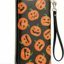 Halloween Pumpkin Wallet for Women, PU Faux Leather Zip Around Wallet with Wristlet, 12 Card Slots Large Capacity Credit Card Holder