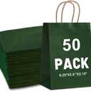 Gift Bags 8.25"x5.9 "x3.15" 50Pcs Paper Bags with Handles,kraft paper Bags for Small Business Christmas Bulk, Wedding, Party Favor, Shopping, Lunch, Halloween Trick-or-Treat (Green)