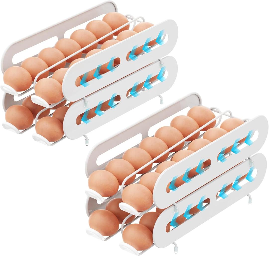 iSPECLE Egg Dispenser for Refrigerator - 4 Pack Rolling Egg Organizer for 56 Fresh Eggs Easy Access, Egg Storage for Backyard Eggs No More Crack, Stackable Space Saving, White