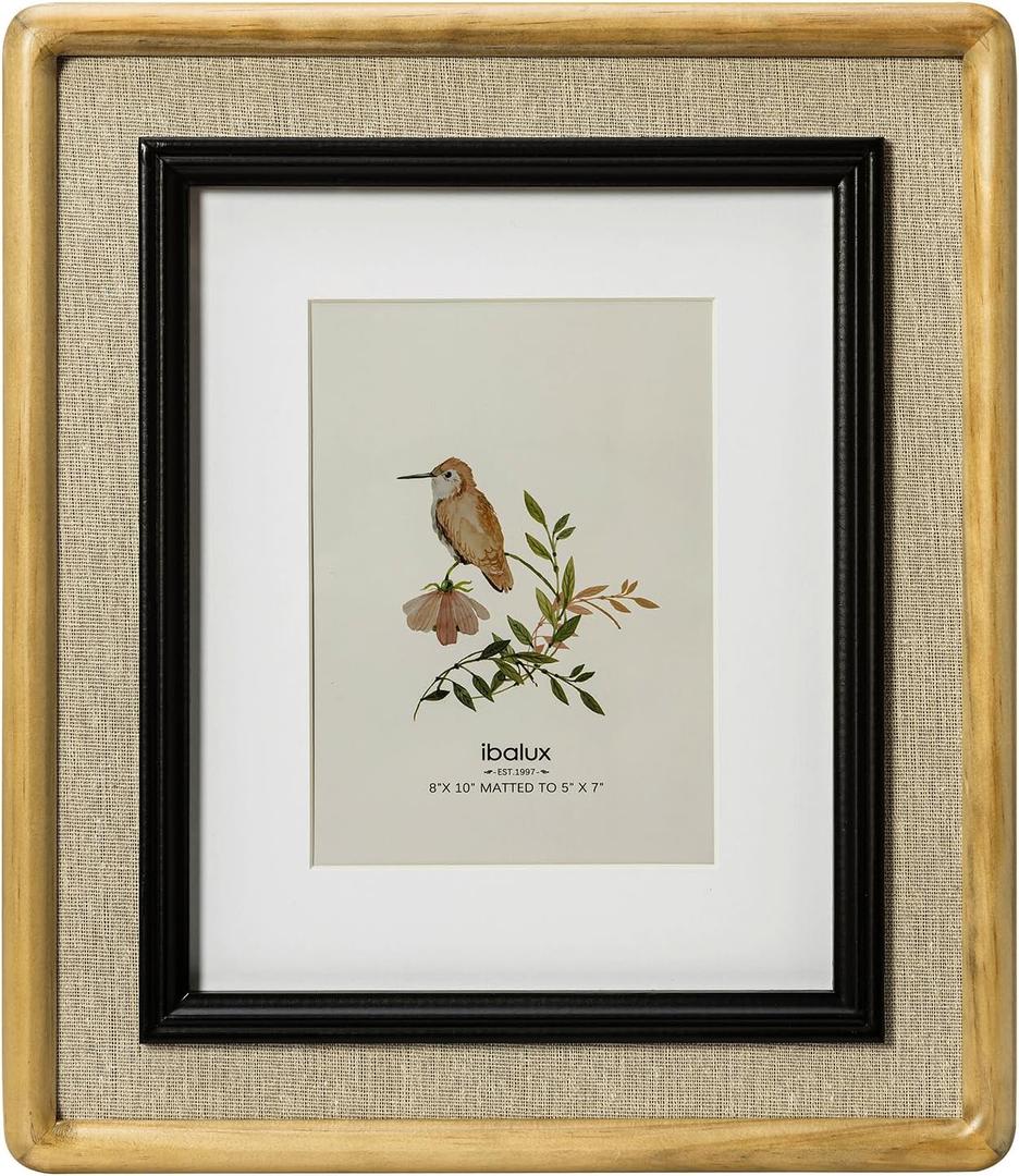 8x10 Picture Frame, Antique Nature, Black and Linen Trim, Pine Wood with Real Glass, Matted to 5x7, Vertical and Horizontal for Tabletop or Wall Hanging Display Photo Frame