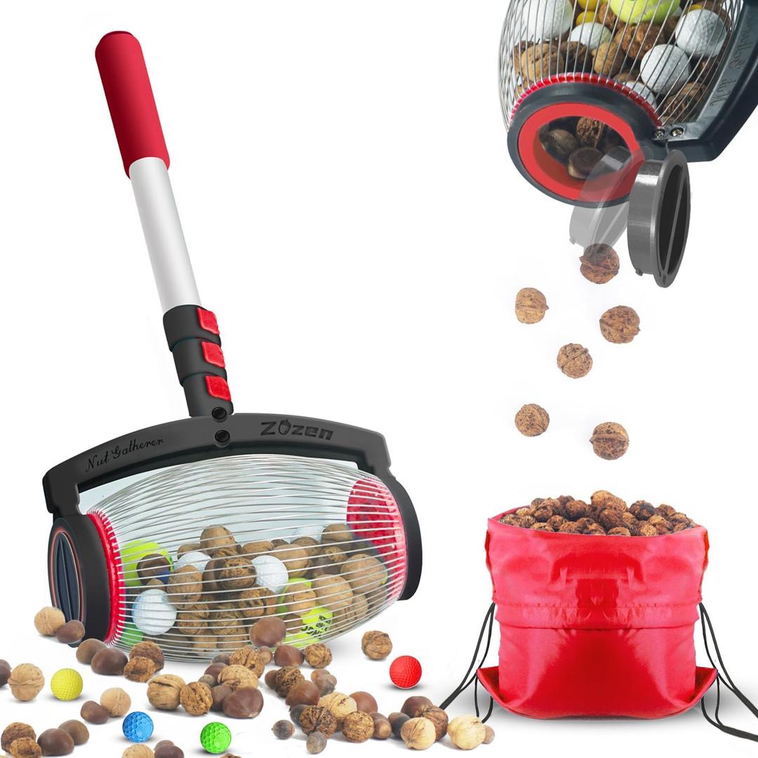 Zozen Nut Gatherer, Walnut Picker Upper Roller, Pinecone Picker Upper - Side Opening Dump/Apply to Walnut, Pecan, Hickory, Chestnuts, Buckeyes, Golf, Crab Apple Objects Size 1'' to 2.5''; 1.5 Gallon