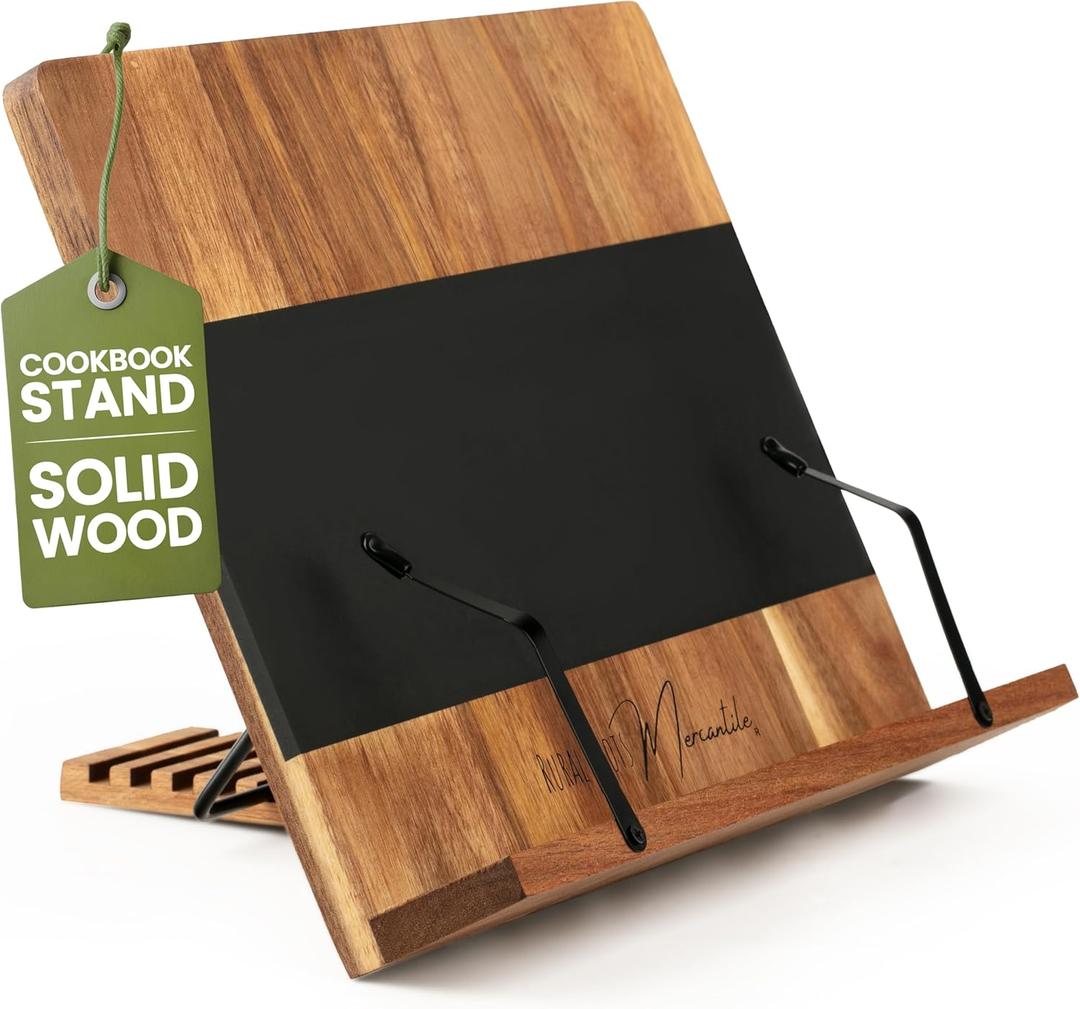 Cookbook Stand for Kitchen Counter  Adjustable Wood Book Holder with Resin Accent, Rustic Recipe Book Stand with Secure Page Grips, Compatible with Cookbooks & Tablets