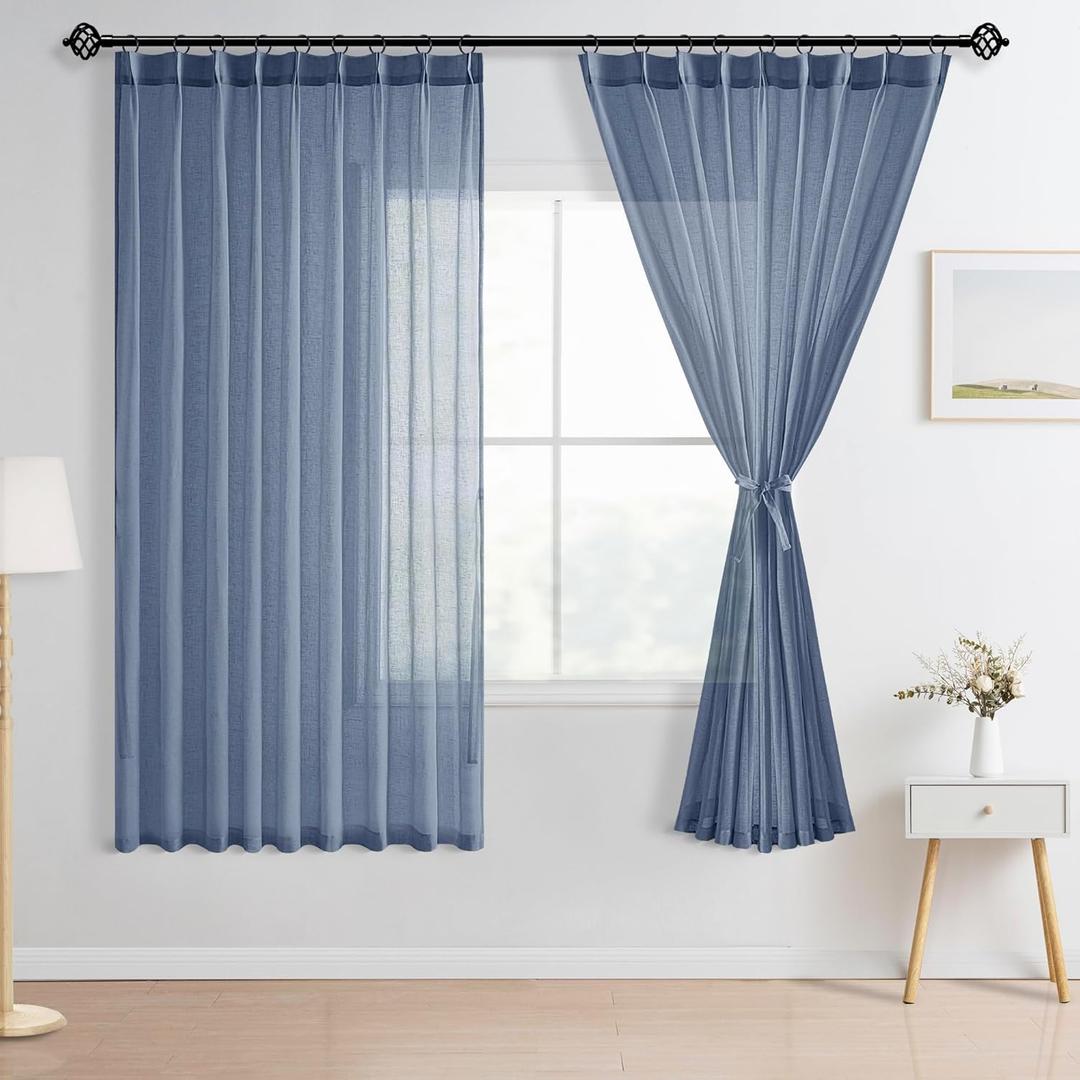 Hiasan Faux Linen Pinch Pleated Curtain 72 Inches Long for Home, Office, 52 x 72 Inches, Light Filtering Semi Sheer Drapes with Hooks and Tieback Privacy Pleated Curtain (2 Panels, Blue Haze)