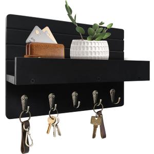 Key Holder Wall Mount, Rustic Key Hooks for Wall with Shelf for Mail Organizer, Entryway Decorative Key Rack with 5 Sturdy Hooks for Hanging Keys, Dog Leash, Sunglasses Wooden Key Hanger (10.6 IN, Black)