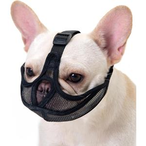 Short Snout Dog Muzzle with Soft Mesh, Breathable Wont Cover Forehead Bulldog Muzzle, Anti Biting Chewing Barking for Small Medium Large Dogs(S,Black)