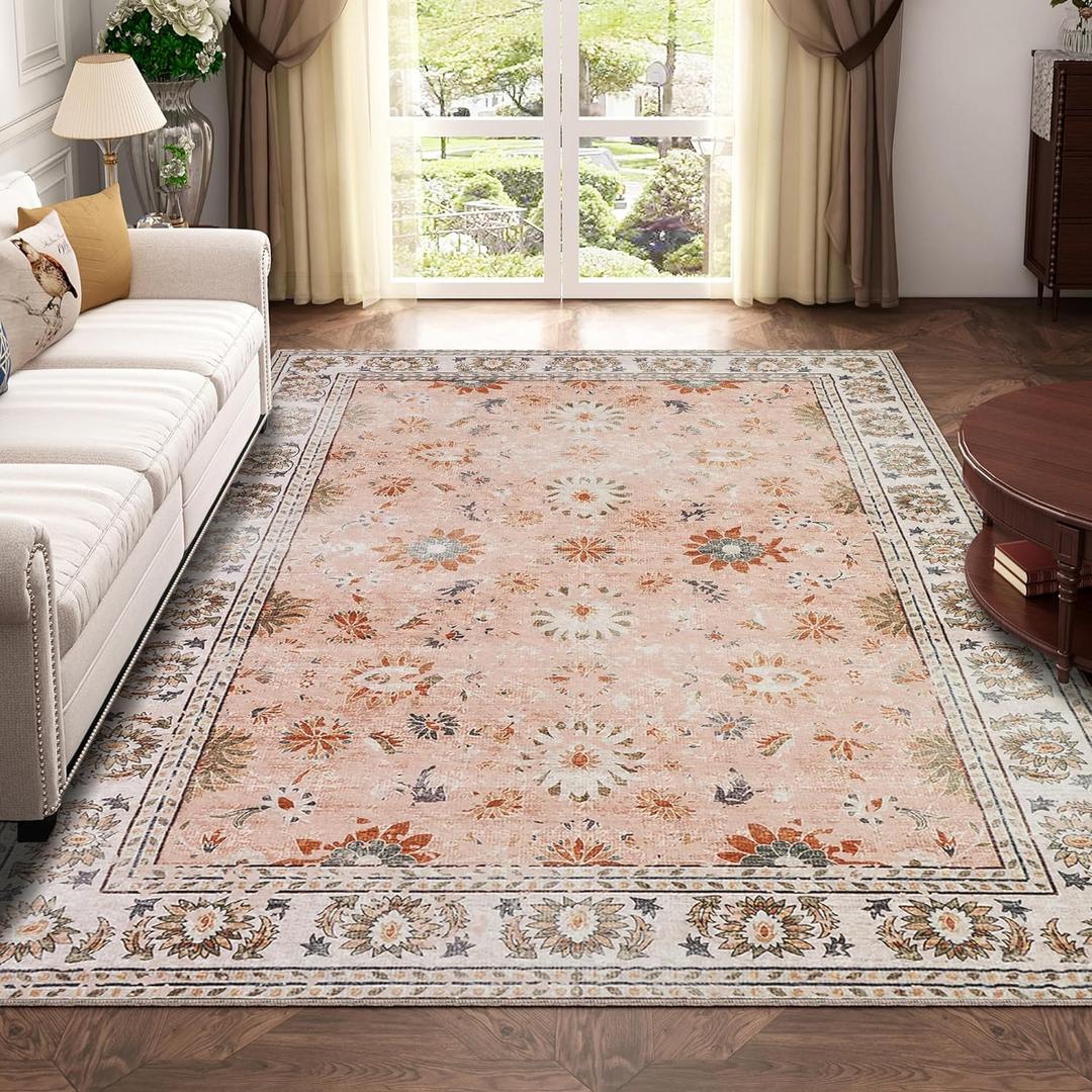 Vintage Machine Washable Area Rug 5x7 Pink/Multi Low-Pile Indoor Floral Print Carpet Non Slip Printed Vintage Boho Rug for Living Room